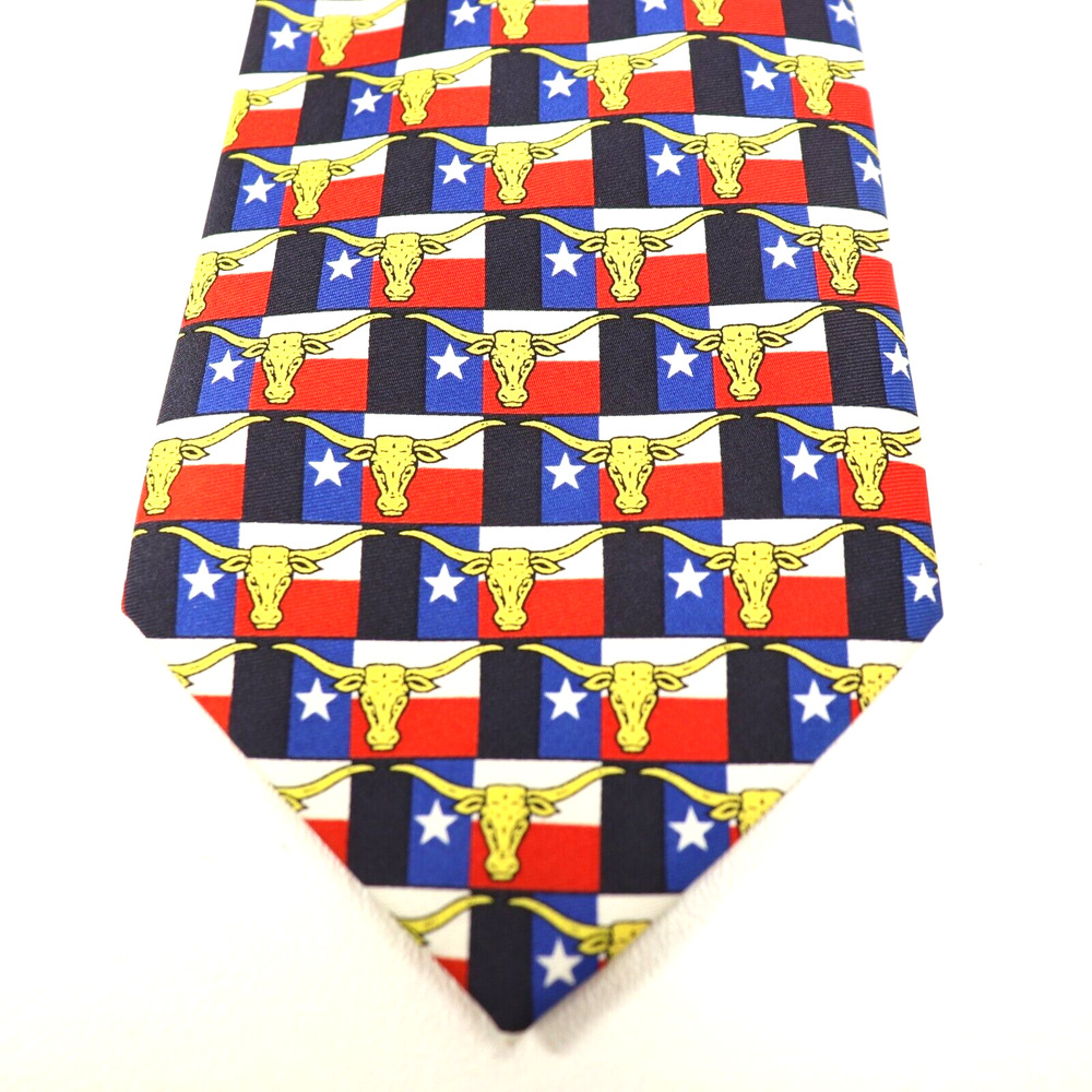 Vintage Museum Artifacts Tie Mens 58 in Silk Texas Flag Longhorn Steer Wide